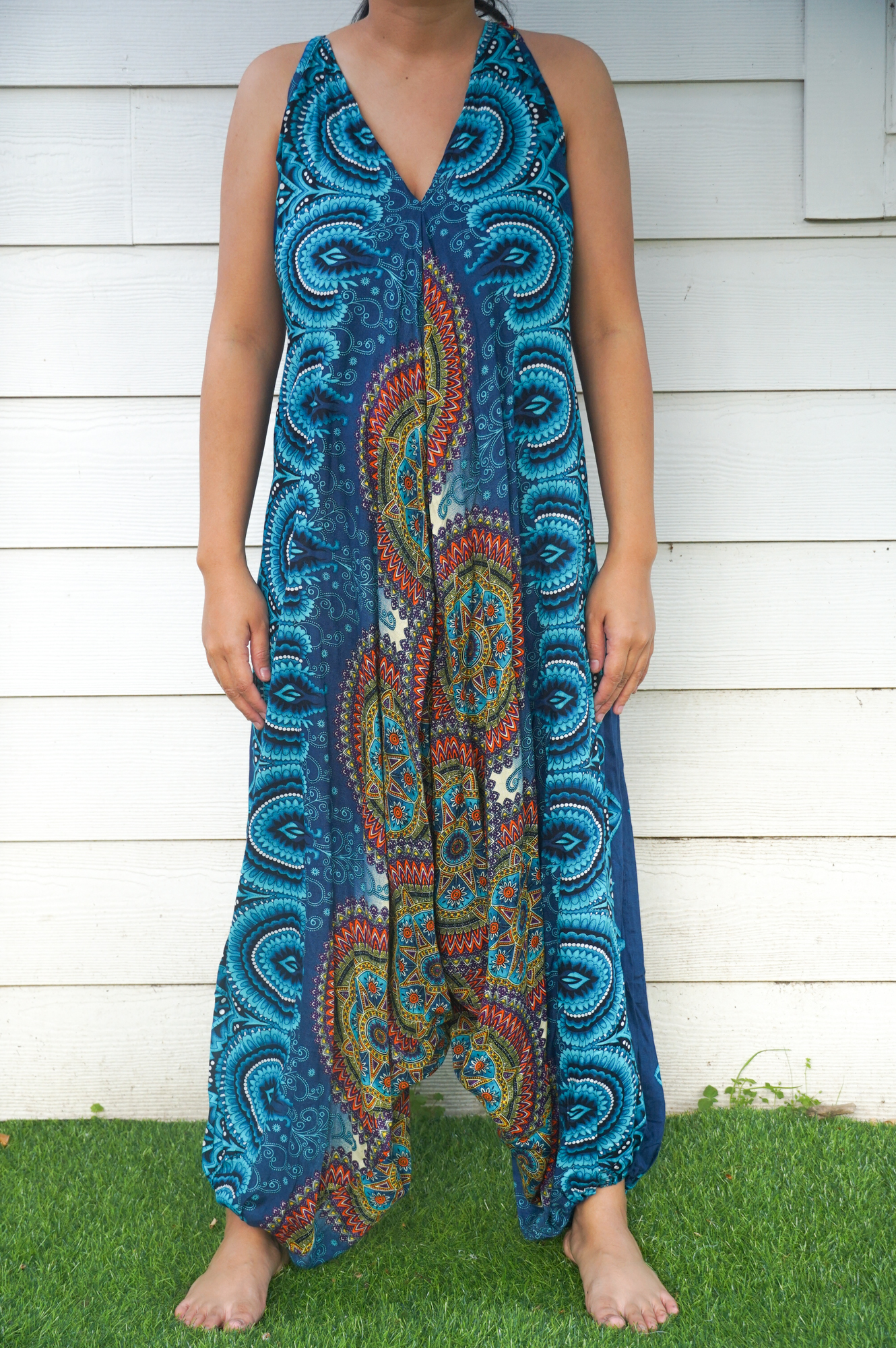 Teal Mandala Boho Hippie Jumpsuit featuring adjustable straps, elasticated back and ankles, perfect for summer festivals and beach outings.