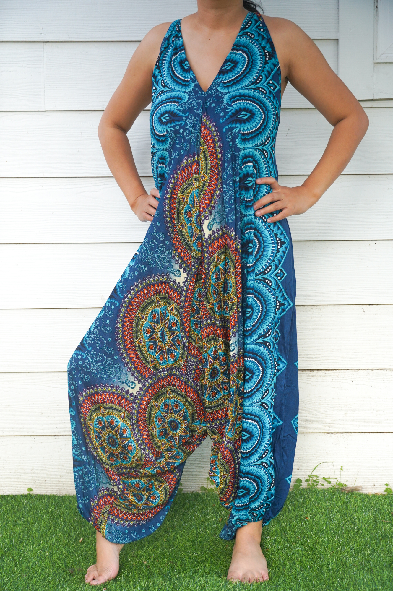 Teal Mandala Boho Hippie Jumpsuit featuring adjustable straps, elasticated back and ankles, perfect for summer festivals and beach outings.