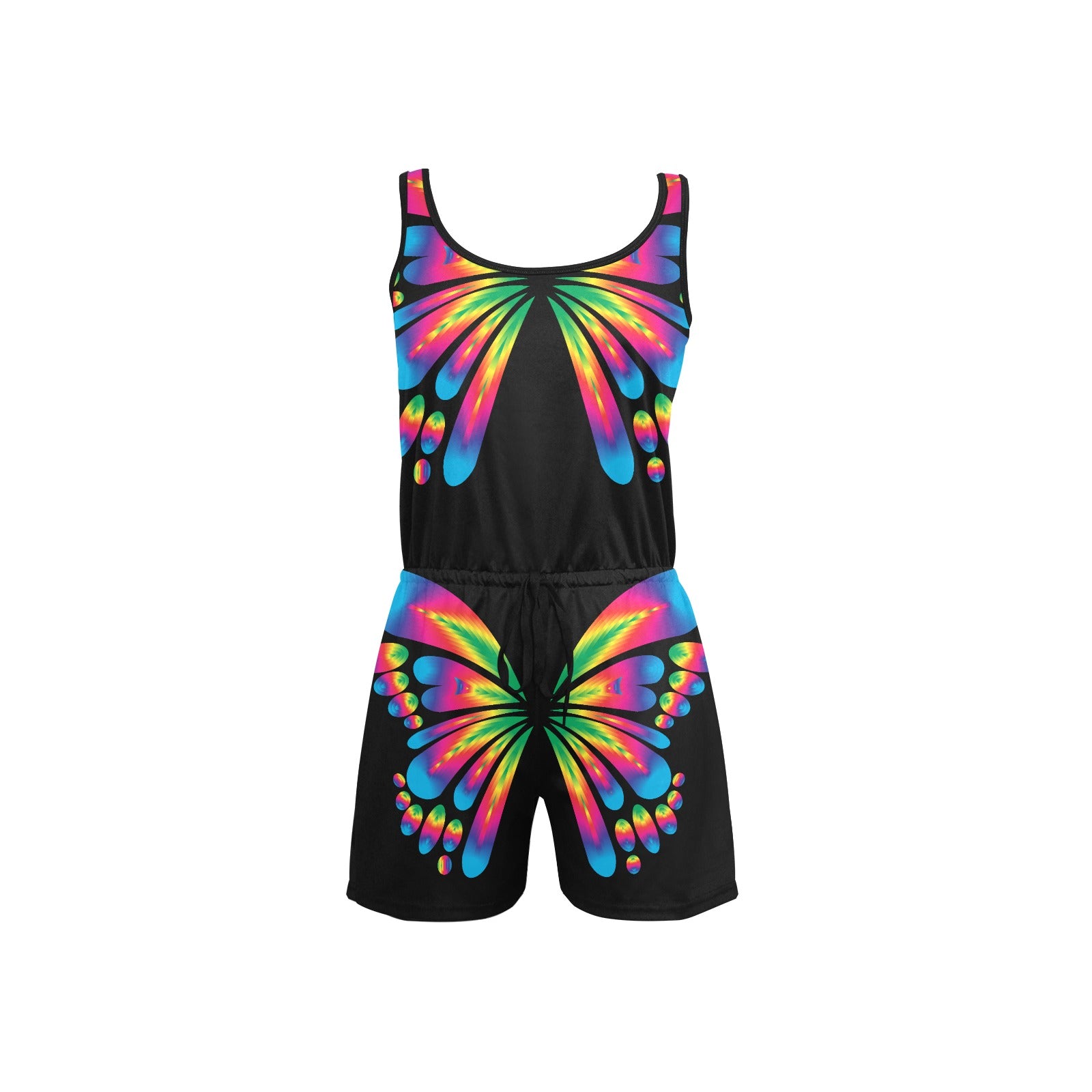 Women's Butterfly All Over Print Short Jumpsuit featuring adjustable straps and elastic waist, perfect for summer outings.