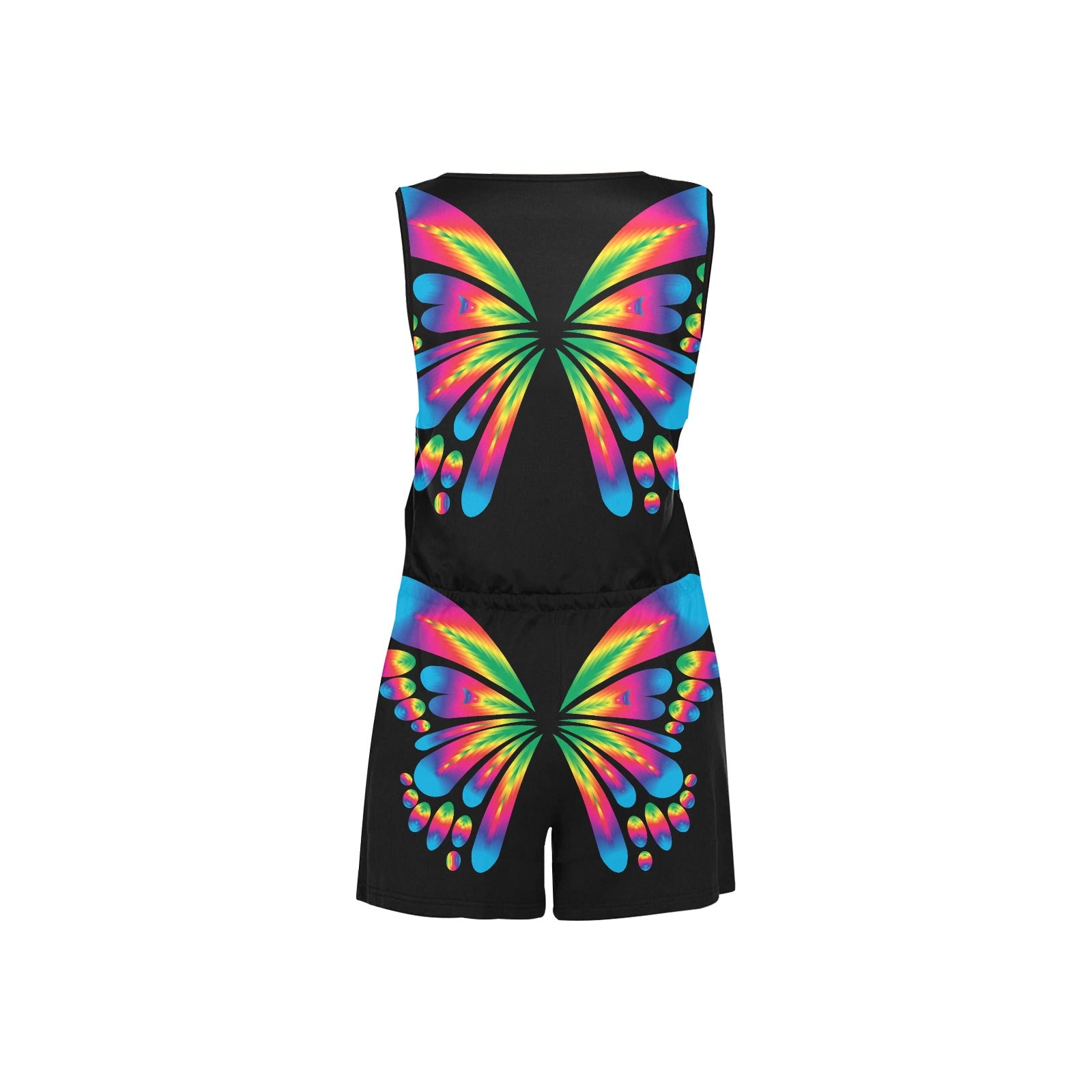 Women's Butterfly All Over Print Short Jumpsuit featuring adjustable straps and elastic waist, perfect for summer outings.