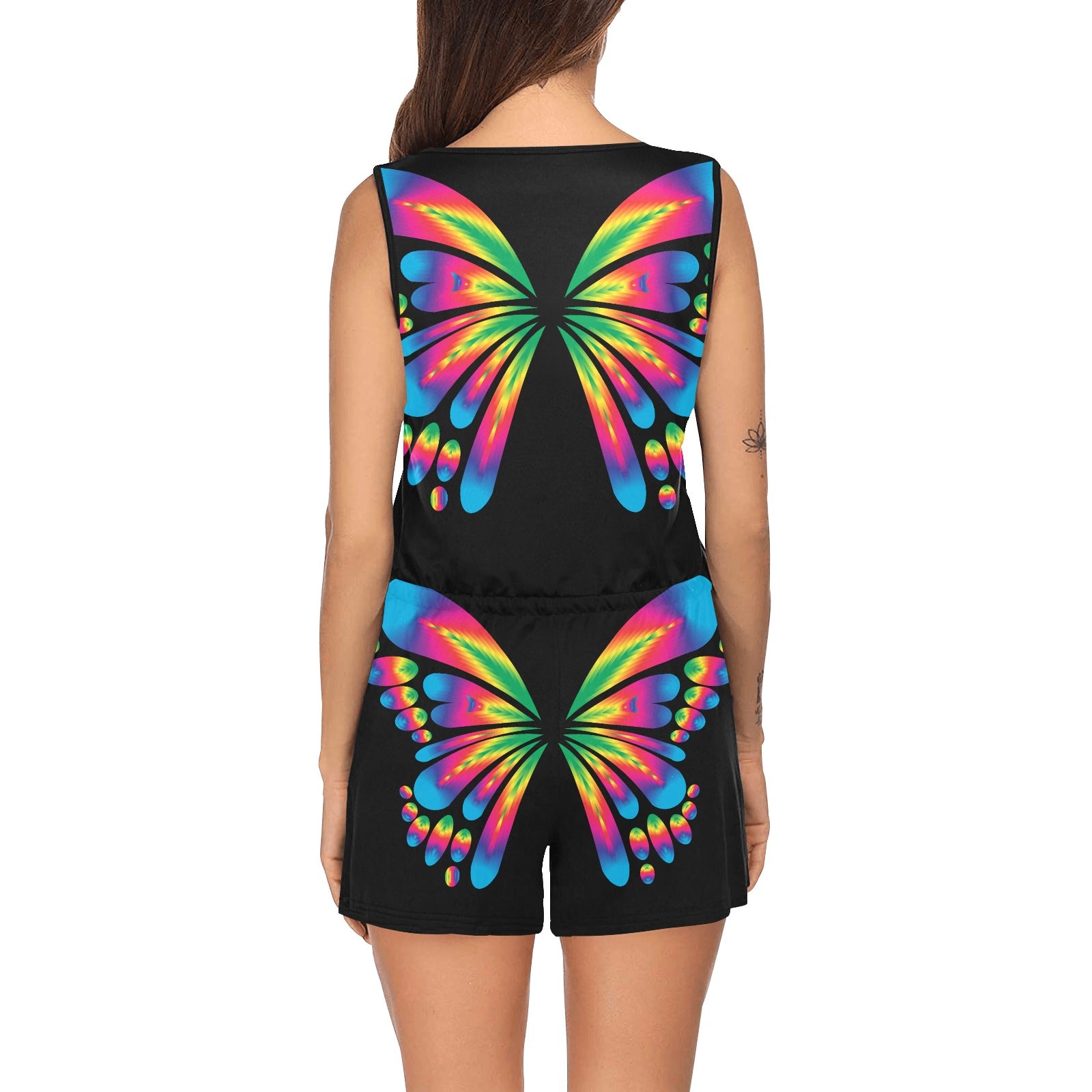 Women's Butterfly All Over Print Short Jumpsuit featuring adjustable straps and elastic waist, perfect for summer outings.