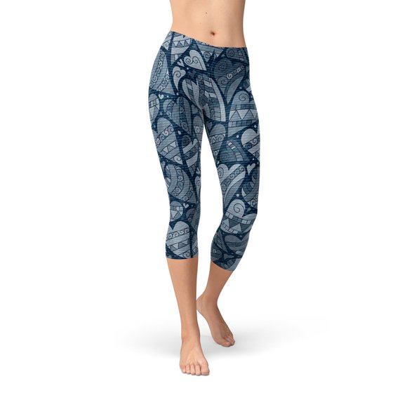 A pair of stylish Blue Hearts on Heart Capri Leggings featuring a unique blue heart design, perfect for workouts and casual wear.
