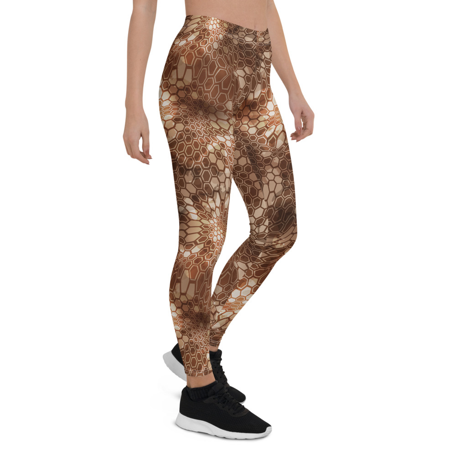Brown Honeycomb Leggings for Women showcasing unique graphic design and premium fabric, perfect for workouts and casual wear.