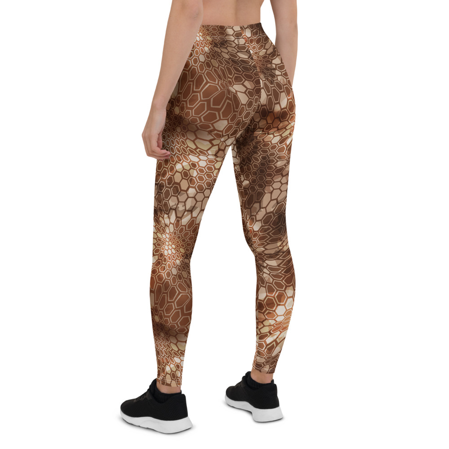 Brown Honeycomb Leggings for Women showcasing unique graphic design and premium fabric, perfect for workouts and casual wear.