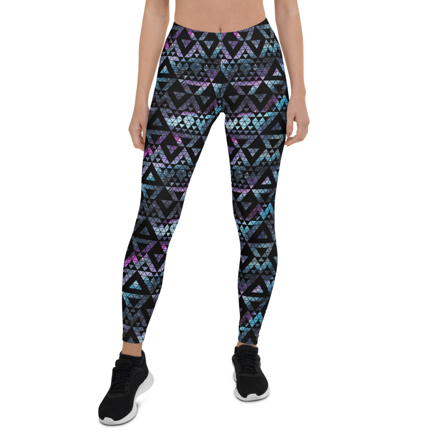 A pair of women's Geometric Galaxy leggings featuring a vibrant and unique graphic design, perfect for workouts and casual wear.