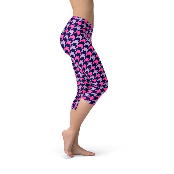 Houndstooth Pink Purple Capri Leggings showcasing unique design and comfortable fit, perfect for workouts and casual wear.