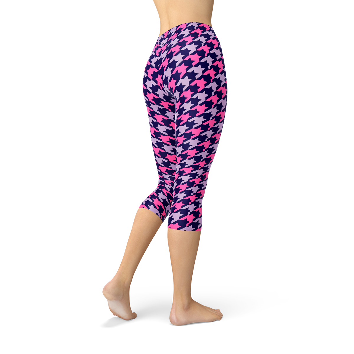 Houndstooth Pink Purple Capri Leggings showcasing unique design and comfortable fit, perfect for workouts and casual wear.