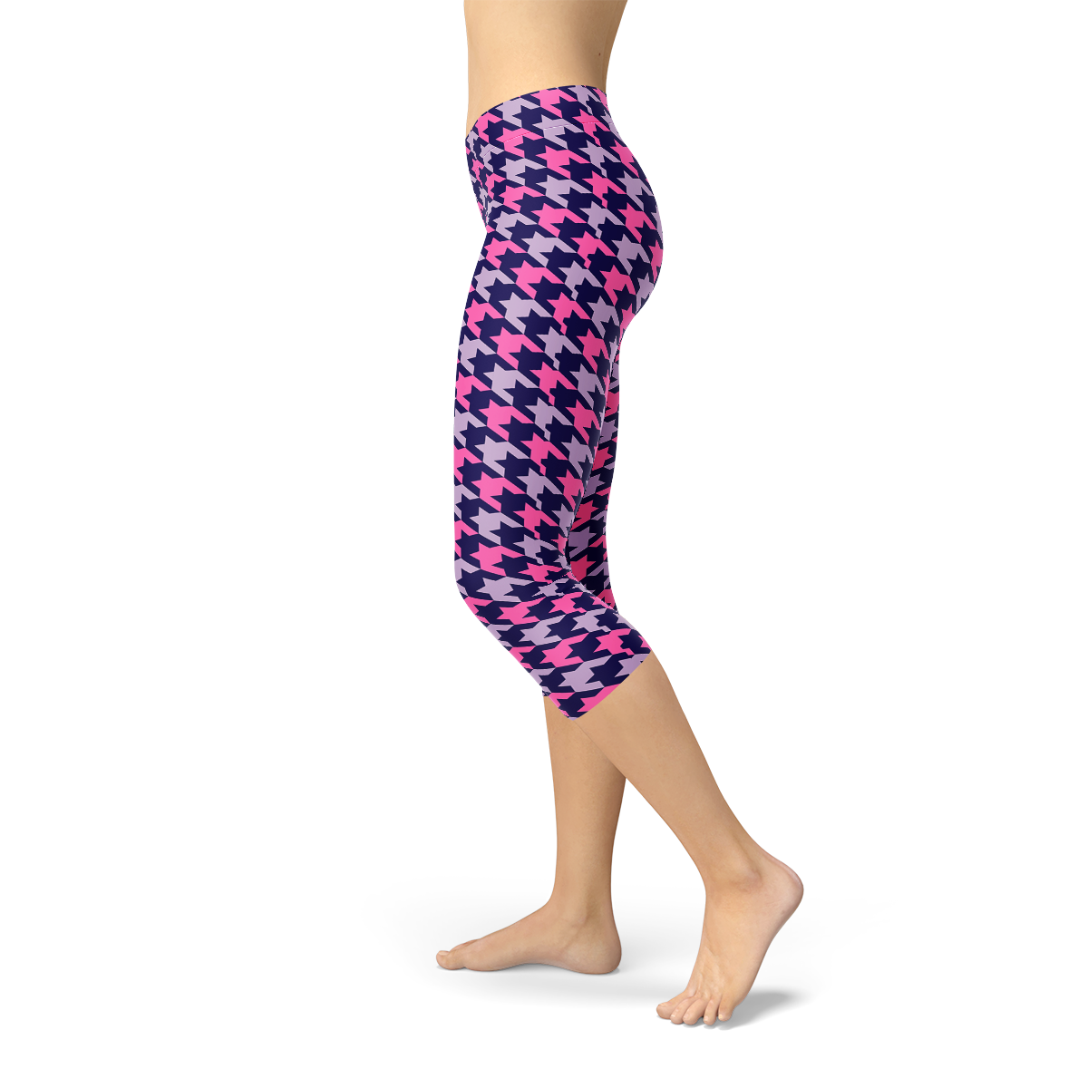 Houndstooth Pink Purple Capri Leggings showcasing unique design and comfortable fit, perfect for workouts and casual wear.