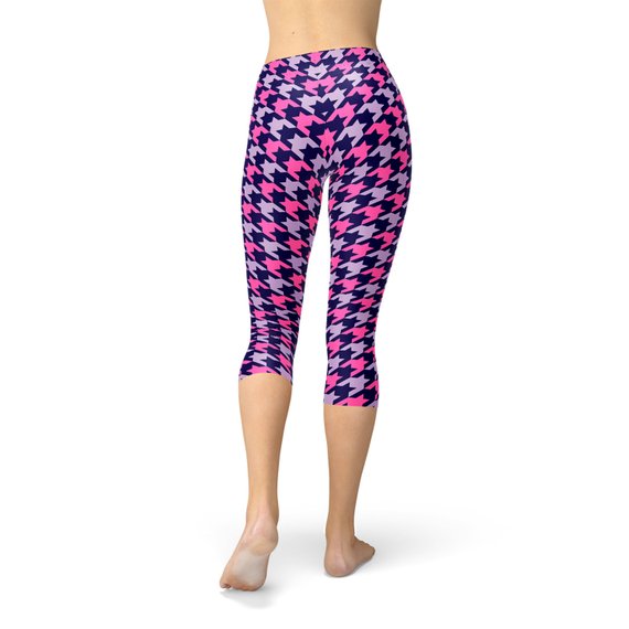 Houndstooth Pink Purple Capri Leggings showcasing unique design and comfortable fit, perfect for workouts and casual wear.