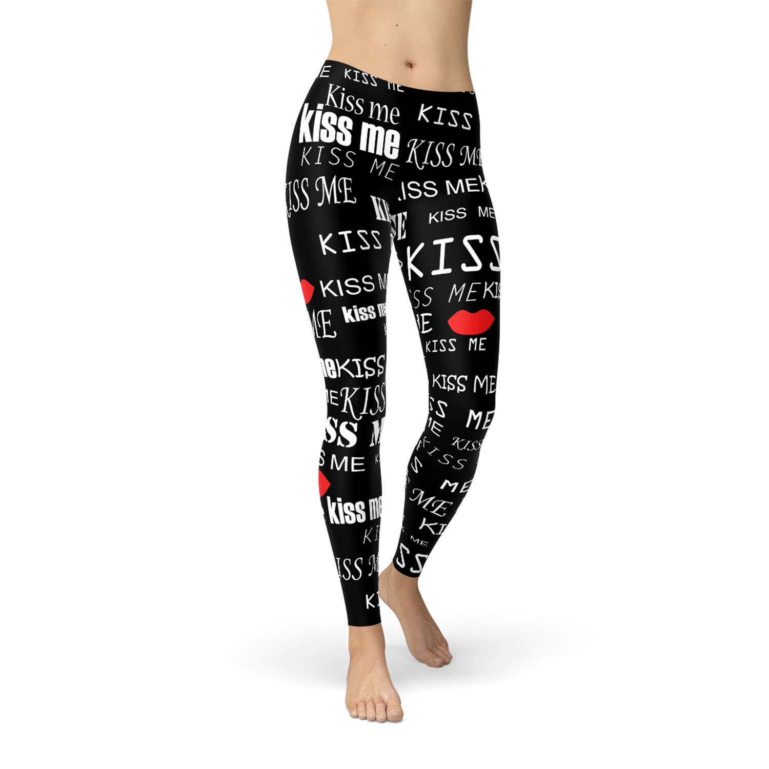 Kiss Me Black Leggings showcasing unique graphic design and premium fabric, perfect for workouts and casual wear.
