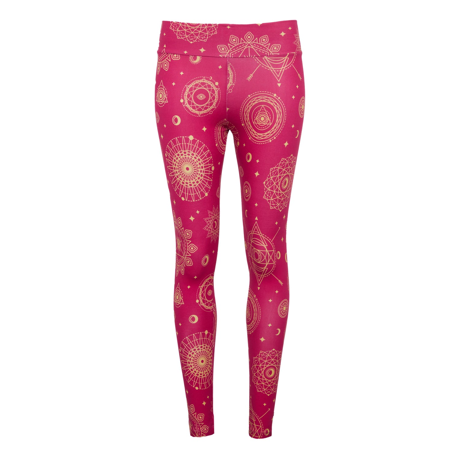 Legging Astro en coton bio, couleur framboise avec motifs jaunes d'or, idéal pour le yoga et le sport.