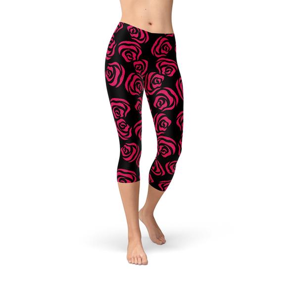A pair of stylish Red Roses Capri Leggings featuring a vibrant floral design, perfect for workouts and casual wear.