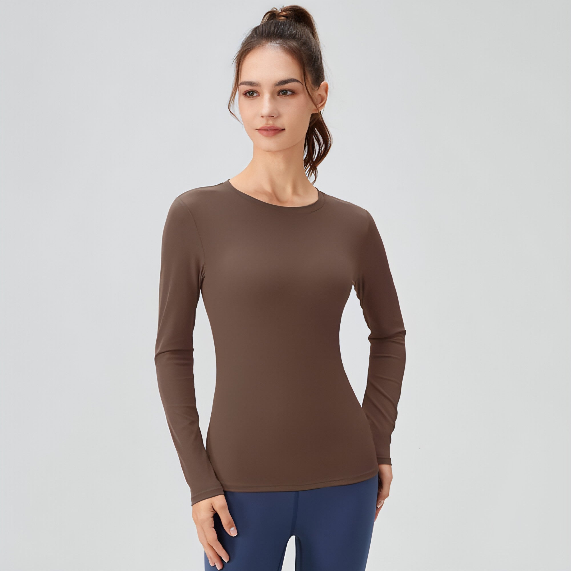 T. Skinny Slimming Nude Feel High Elastic Yoga Leggings displayed on a model, showcasing their flattering fit and high elastic material.