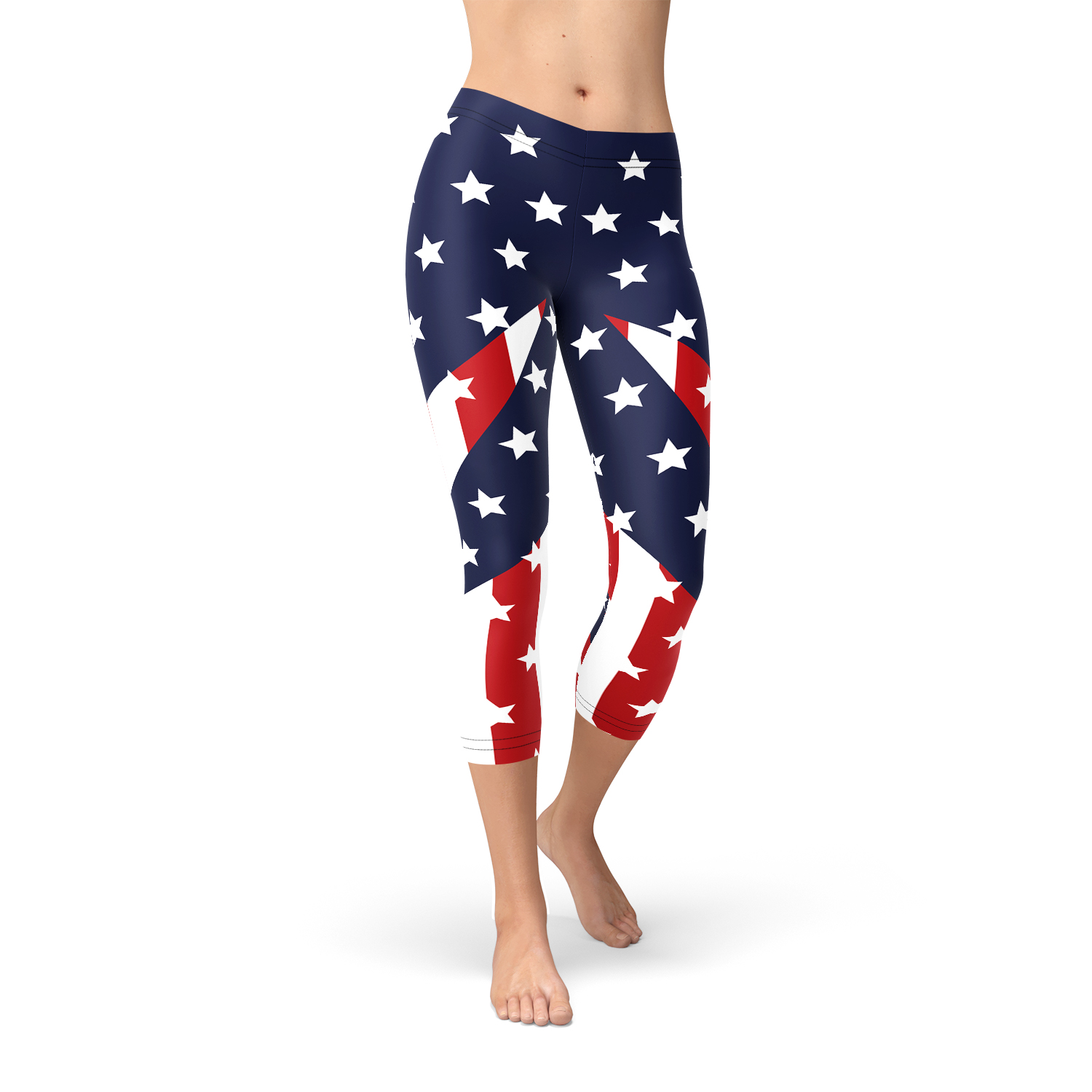 Womens American Flag Capri Leggings featuring a vibrant stars and stripes design, perfect for workouts and casual wear.