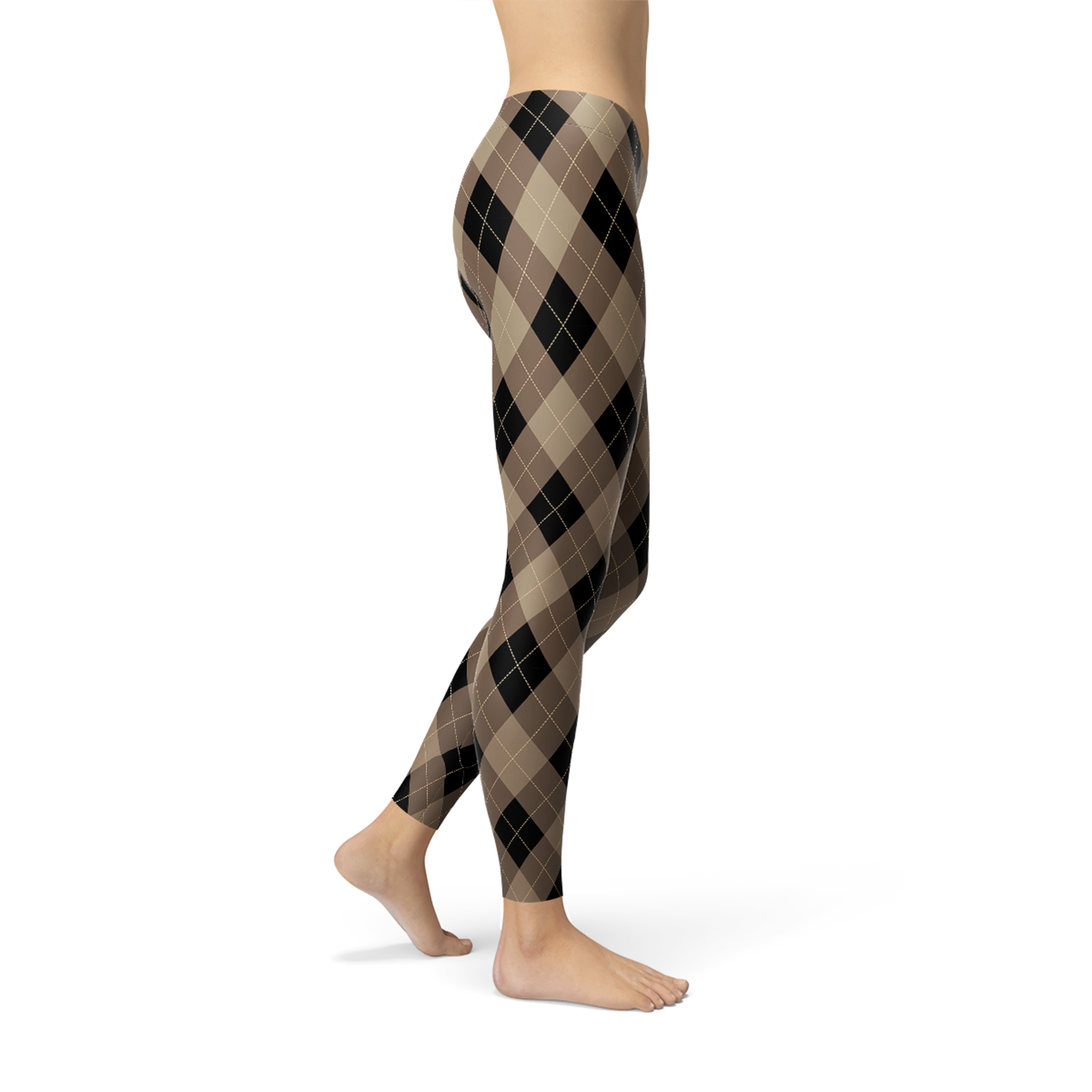 Women's Beige Brown Argyle Leggings featuring a classic argyle pattern with a textured accent in black, brown, and beige.