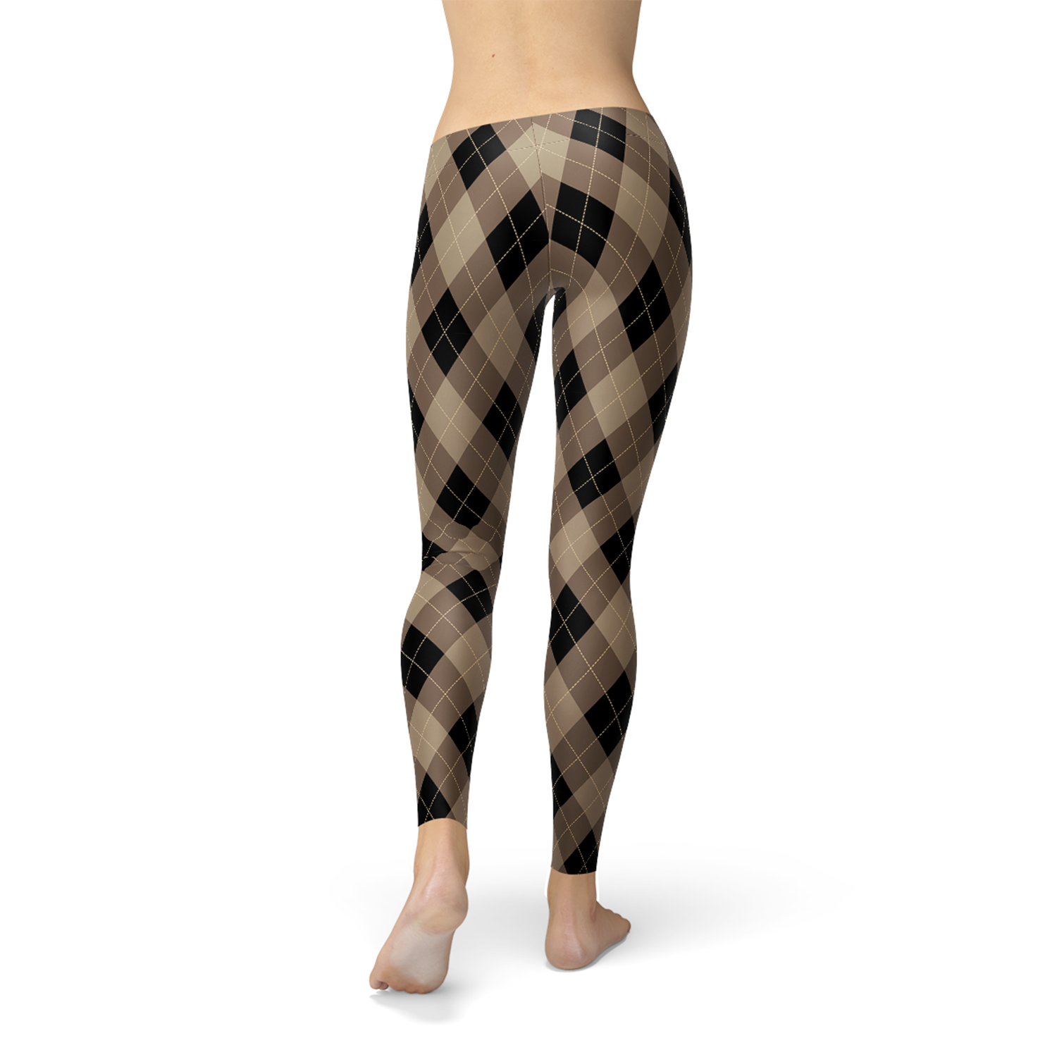 Women's Beige Brown Argyle Leggings featuring a classic argyle pattern with a textured accent in black, brown, and beige.