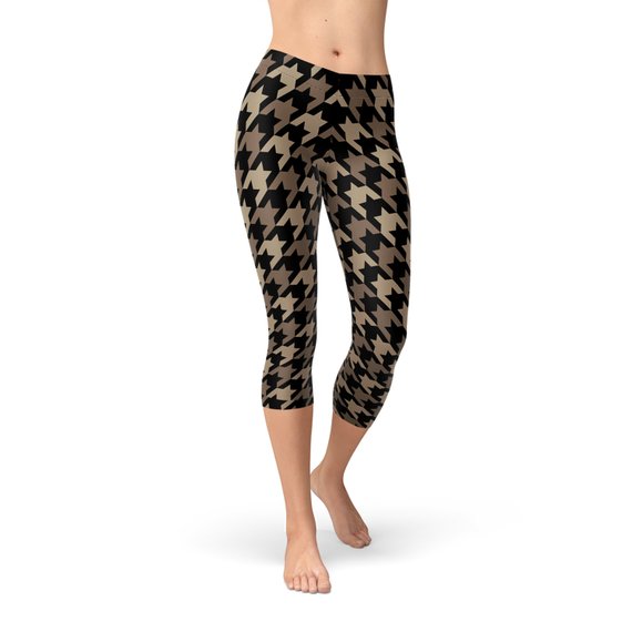 Women's Beige Brown Houndstooth Capri Leggings showcasing unique design and comfortable fit, perfect for workouts and casual wear.