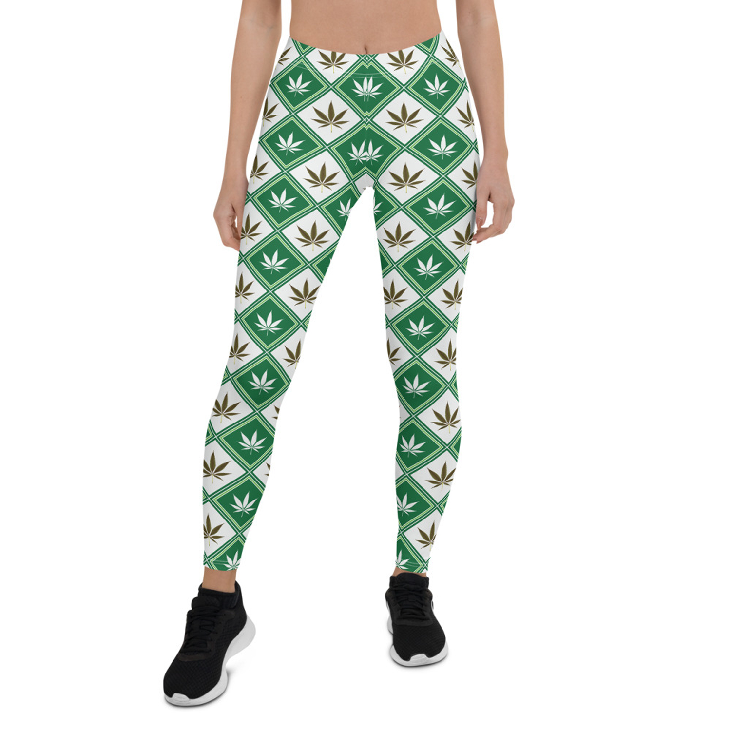 A pair of stylish Women's Cannabis Green Leggings featuring unique graphic designs, perfect for workouts and casual wear.