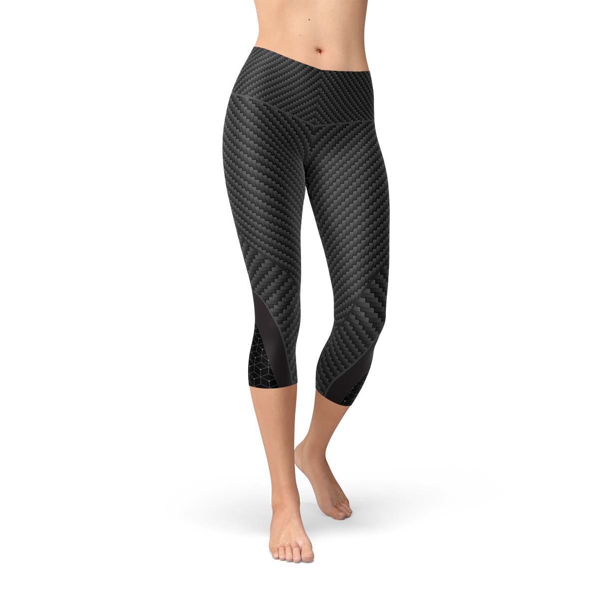 A pair of stylish Womens Carbon Fiber Sports Capri Leggings featuring a sleek carbon fiber print, designed for comfort and performance.
