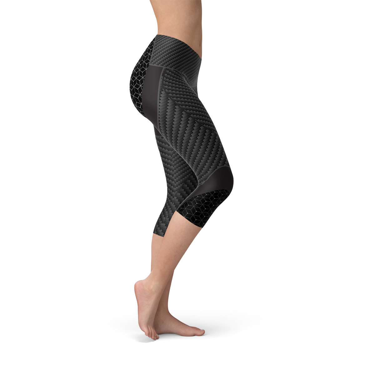 A pair of stylish Womens Carbon Fiber Sports Capri Leggings featuring a sleek carbon fiber print, designed for comfort and performance.