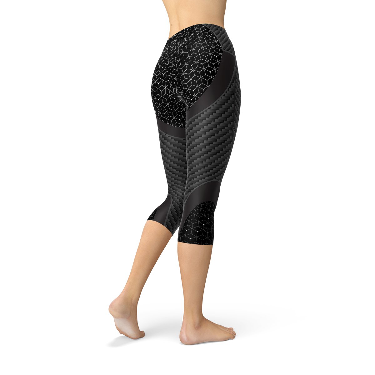 A pair of stylish Womens Carbon Fiber Sports Capri Leggings featuring a sleek carbon fiber print, designed for comfort and performance.