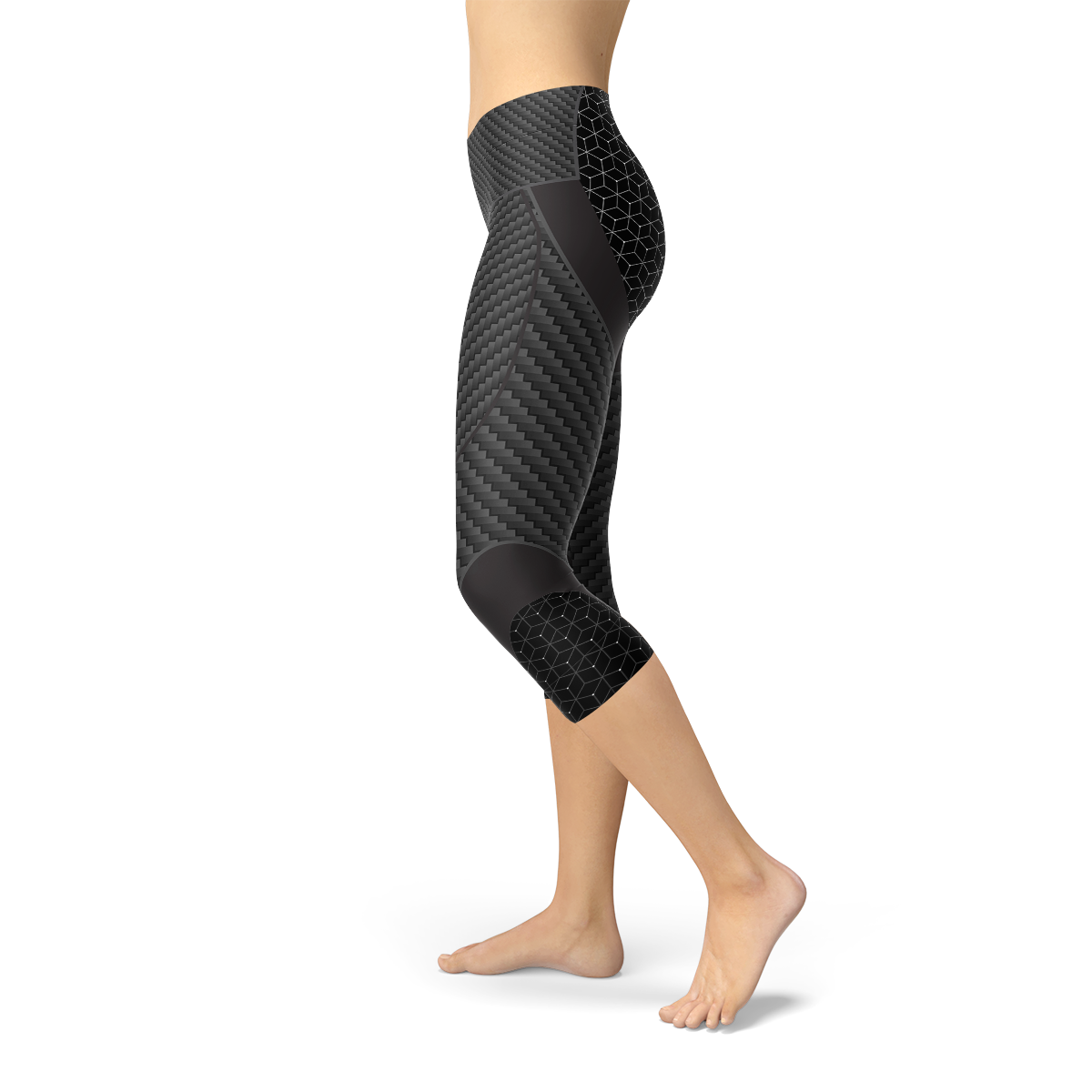 A pair of stylish Womens Carbon Fiber Sports Capri Leggings featuring a sleek carbon fiber print, designed for comfort and performance.