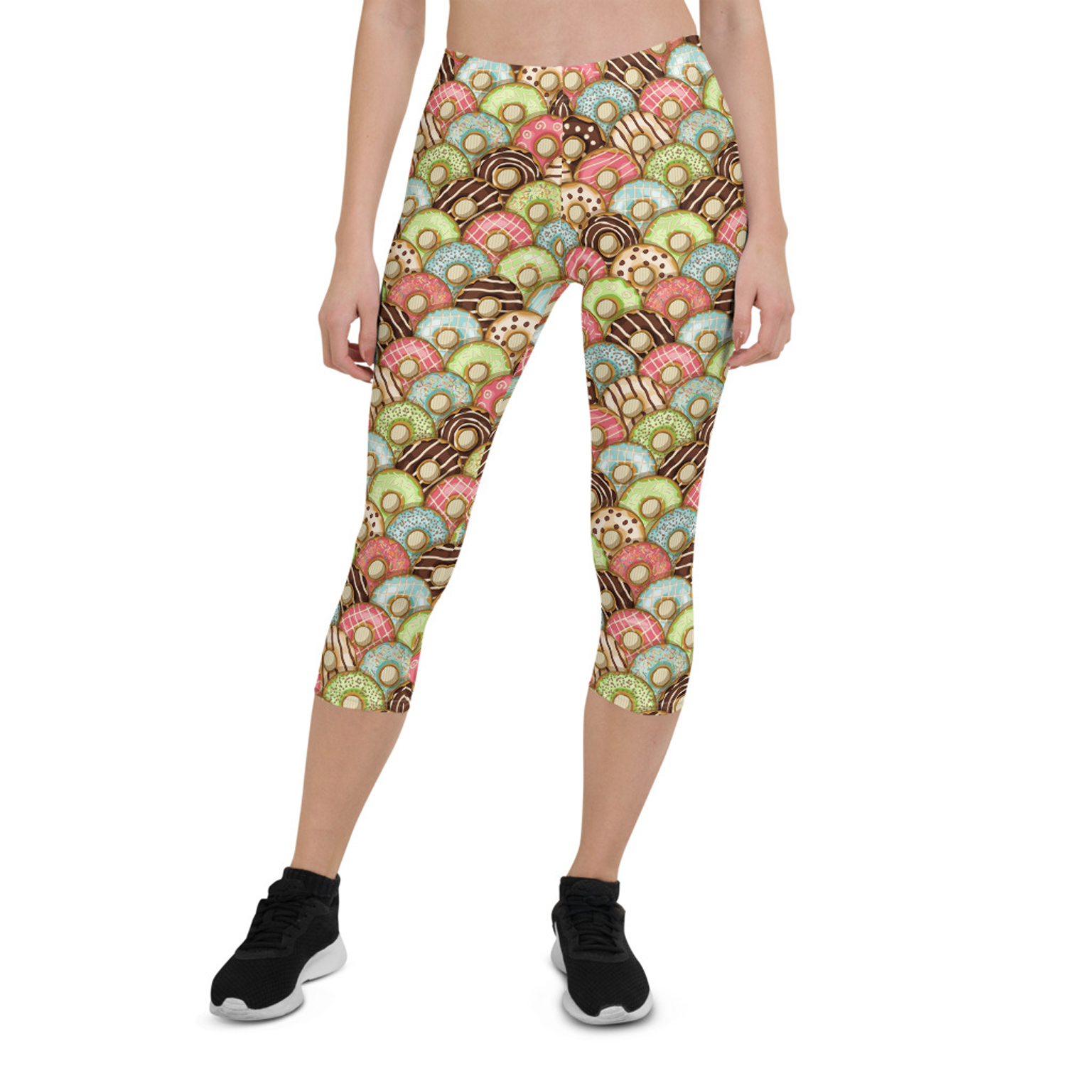 Women's Donuts Capri Leggings featuring colorful graphic designs and a comfortable fit, perfect for workouts and casual wear.
