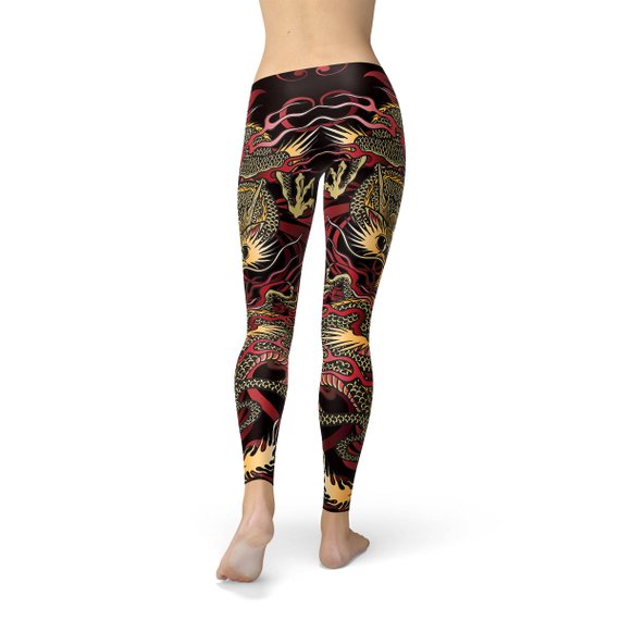 A pair of stylish Womens Dragon Leggings featuring vibrant dragon graphics inspired by Chinese mythology, perfect for workouts and casual wear.