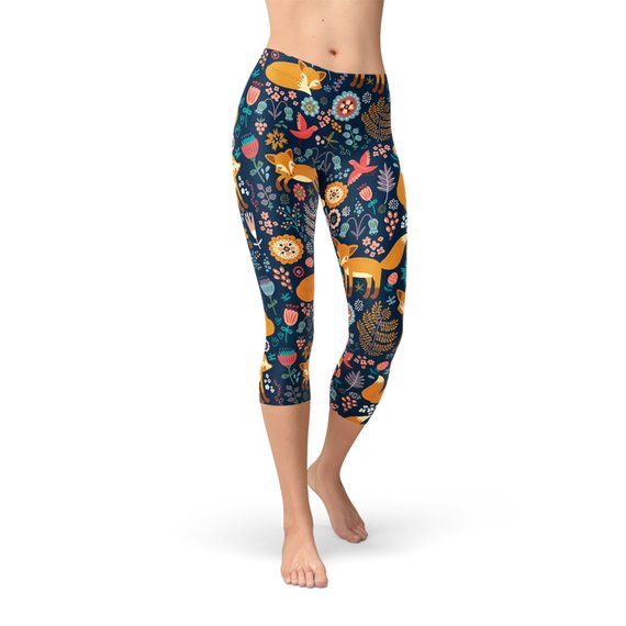 Womens Fox in the Meadows Capri Leggings featuring colorful graphic designs, perfect for workouts and casual wear.