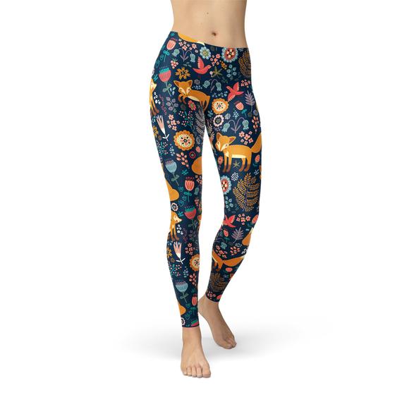 Womens Fox in the Meadows Leggings featuring vibrant graphic designs, perfect for workouts and casual wear, showcasing a model in a stylish pose.