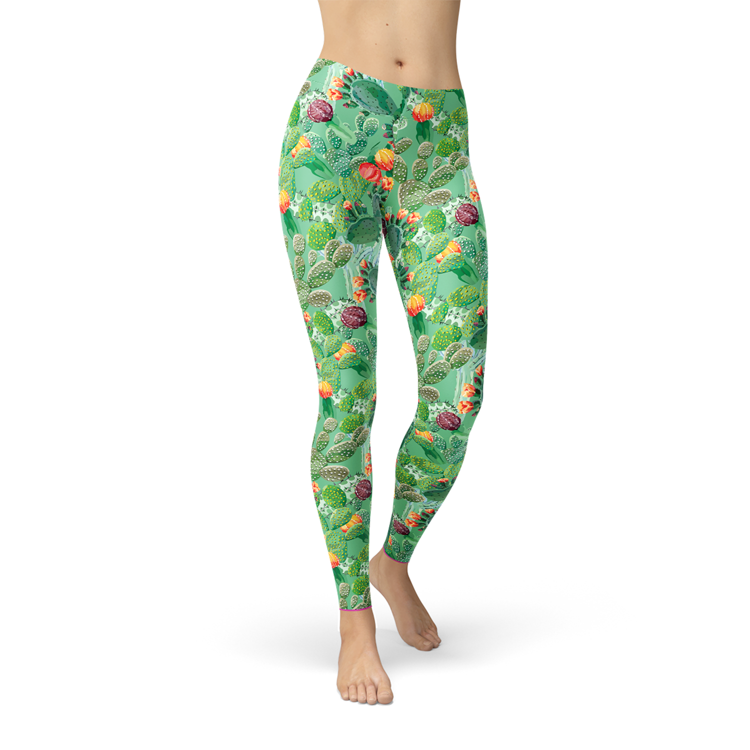 Women's Green Cactus Leggings featuring a vibrant cactus pattern, designed for comfort and performance during workouts.