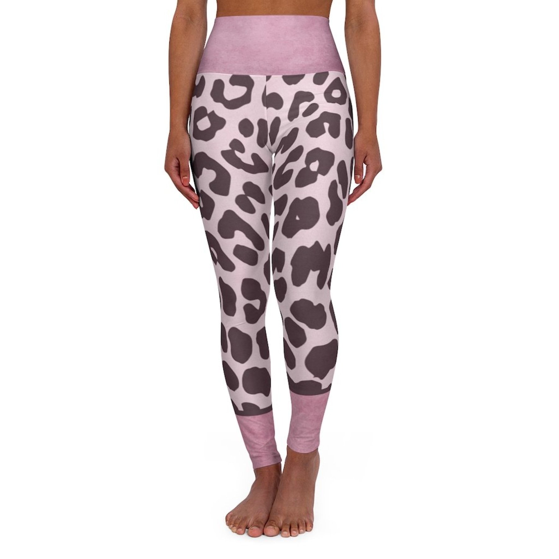 Women's high waist fitness leggings in heather pink with two-tone leopard print, showcasing a stylish and comfortable design.