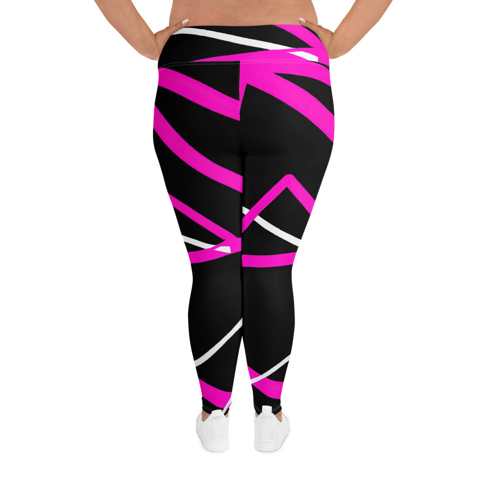 Women's high waist plus size leggings featuring a black and pink geometric pattern, designed for comfort and style.