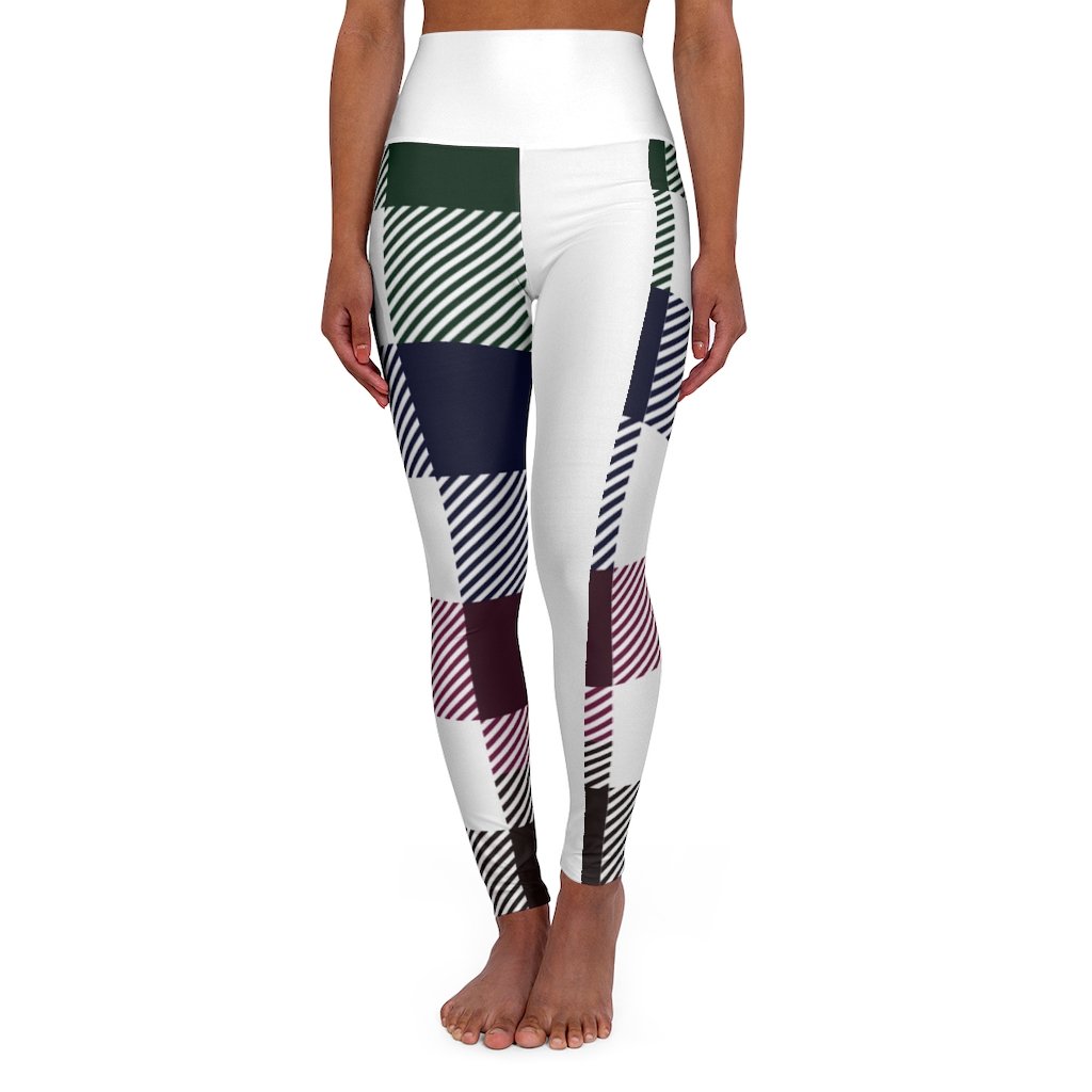 Women's high-waist fitness legging yoga pants in multicolor plaid, showcasing a stylish design and stretchy fabric for optimal comfort.