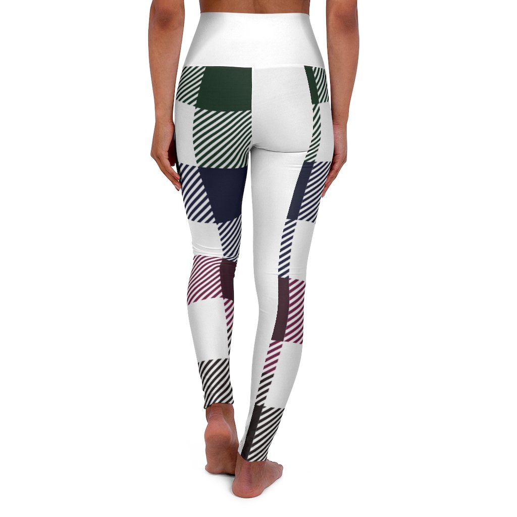 Women's high-waist fitness legging yoga pants in multicolor plaid, showcasing a stylish design and stretchy fabric for optimal comfort.