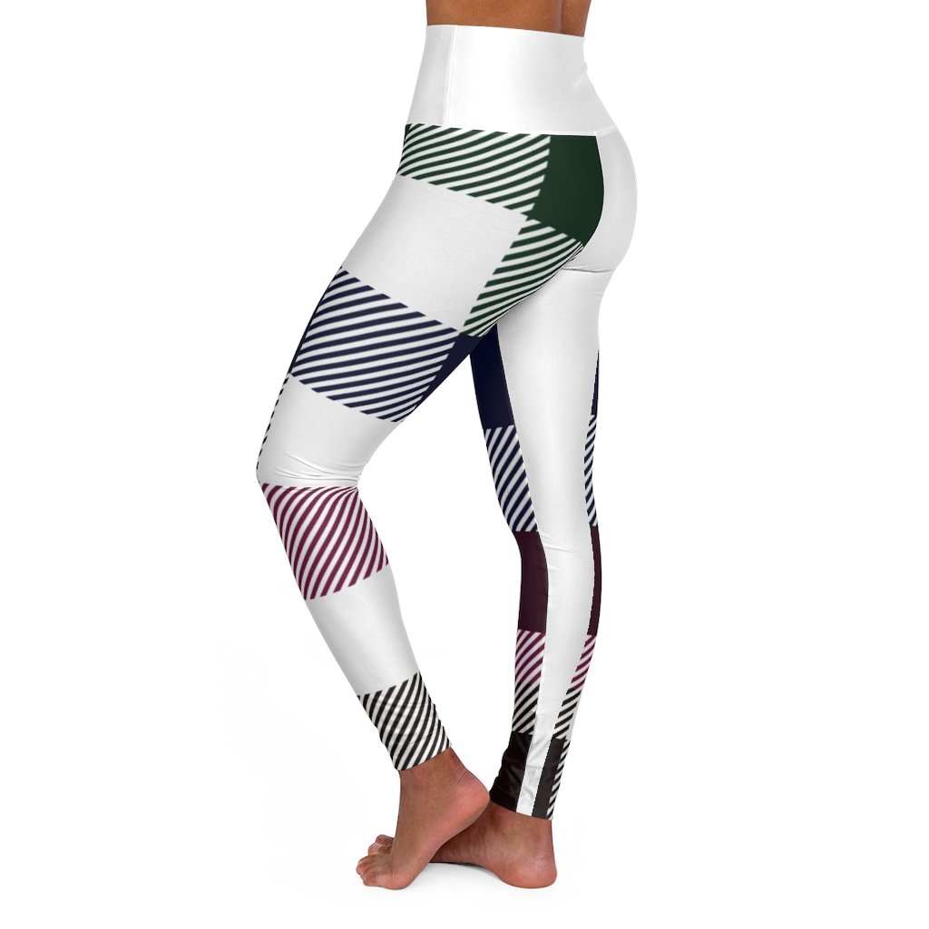 Women's high-waist fitness legging yoga pants in multicolor plaid, showcasing a stylish design and stretchy fabric for optimal comfort.
