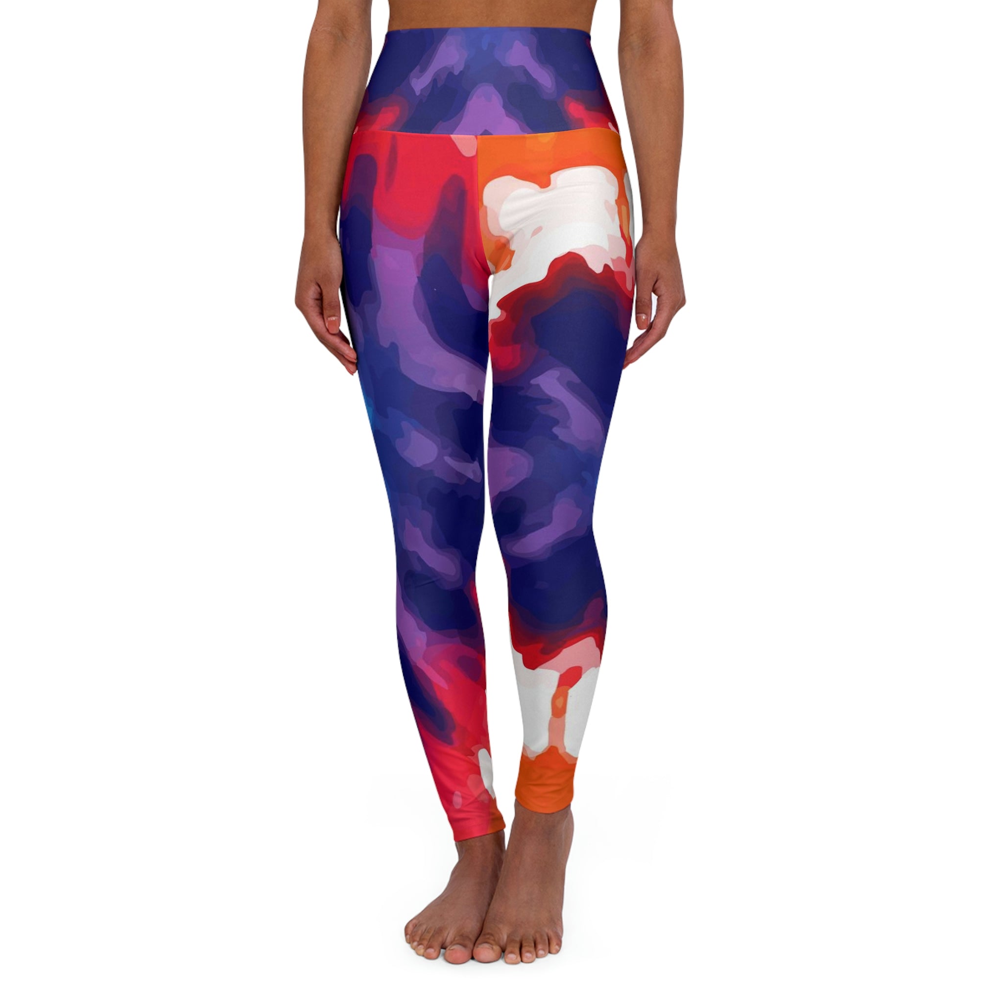 Womens high-waist fitness leggings in psychedelic rainbow tie design, showcasing a skinny fit and double layer waistband.