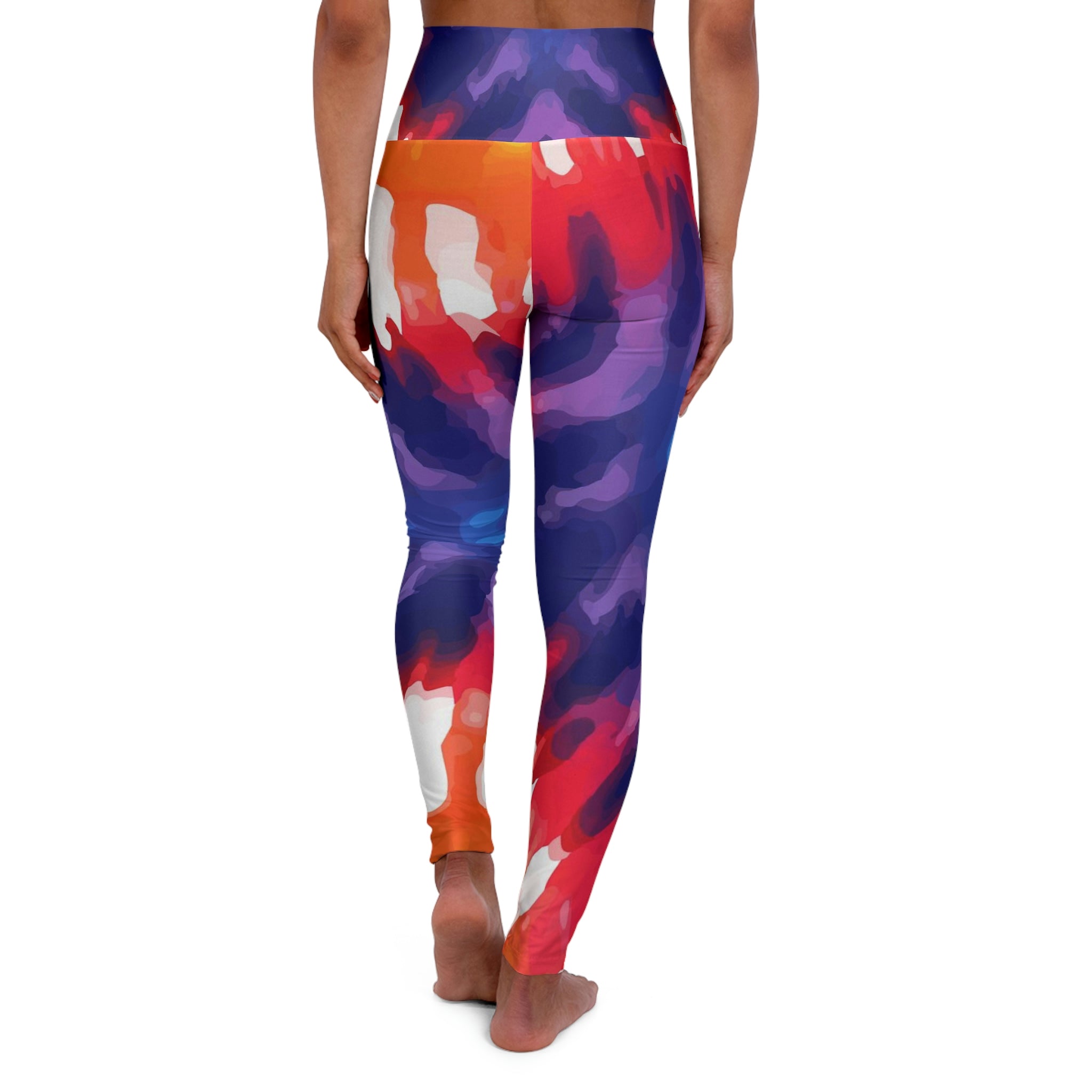 Womens high-waist fitness leggings in psychedelic rainbow tie design, showcasing a skinny fit and double layer waistband.