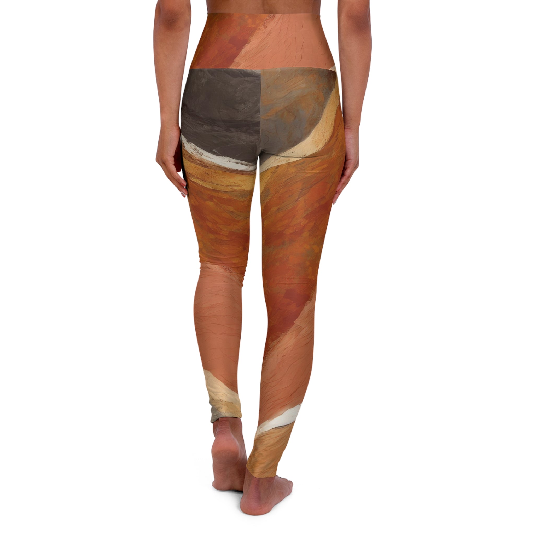 Women's high-waist fitness leggings in rustic brown stone print, featuring a sleek design and stylish mesh paneling.
