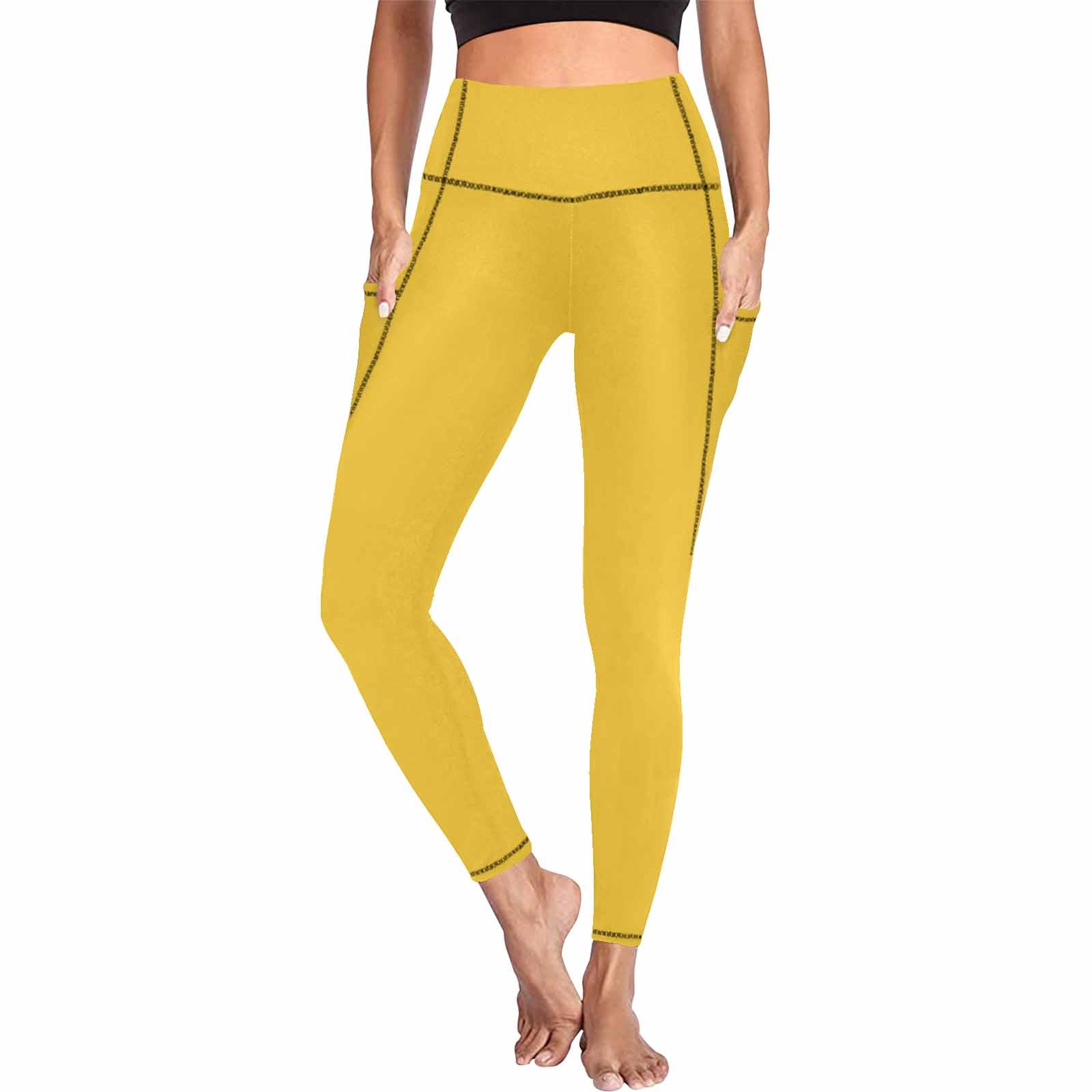 Freesia Yellow women's leggings with pockets, showcasing lightweight fabric and stylish design.