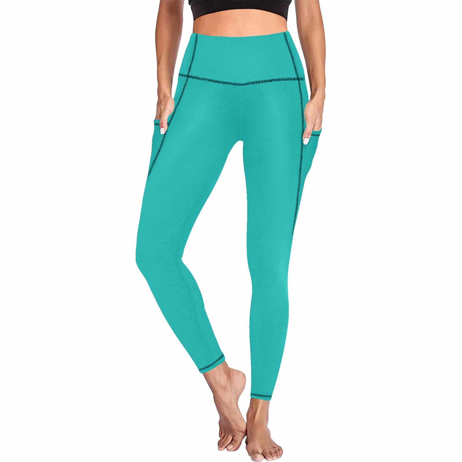 Tiffany Blue womens leggings with pockets, showcasing a soft and stretchy fabric ideal for fitness and casual wear.