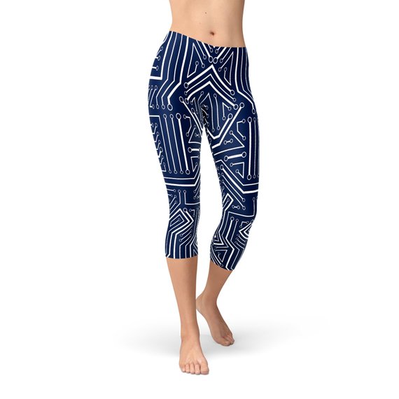 Women's Navy Blue Circuit Capri Leggings featuring unique graphic designs and a comfortable fit, ideal for workouts and casual wear.