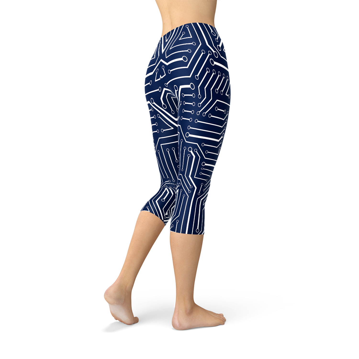 Women's Navy Blue Circuit Capri Leggings featuring unique graphic designs and a comfortable fit, ideal for workouts and casual wear.