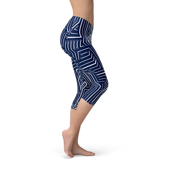 Women's Navy Blue Circuit Capri Leggings featuring unique graphic designs and a comfortable fit, ideal for workouts and casual wear.