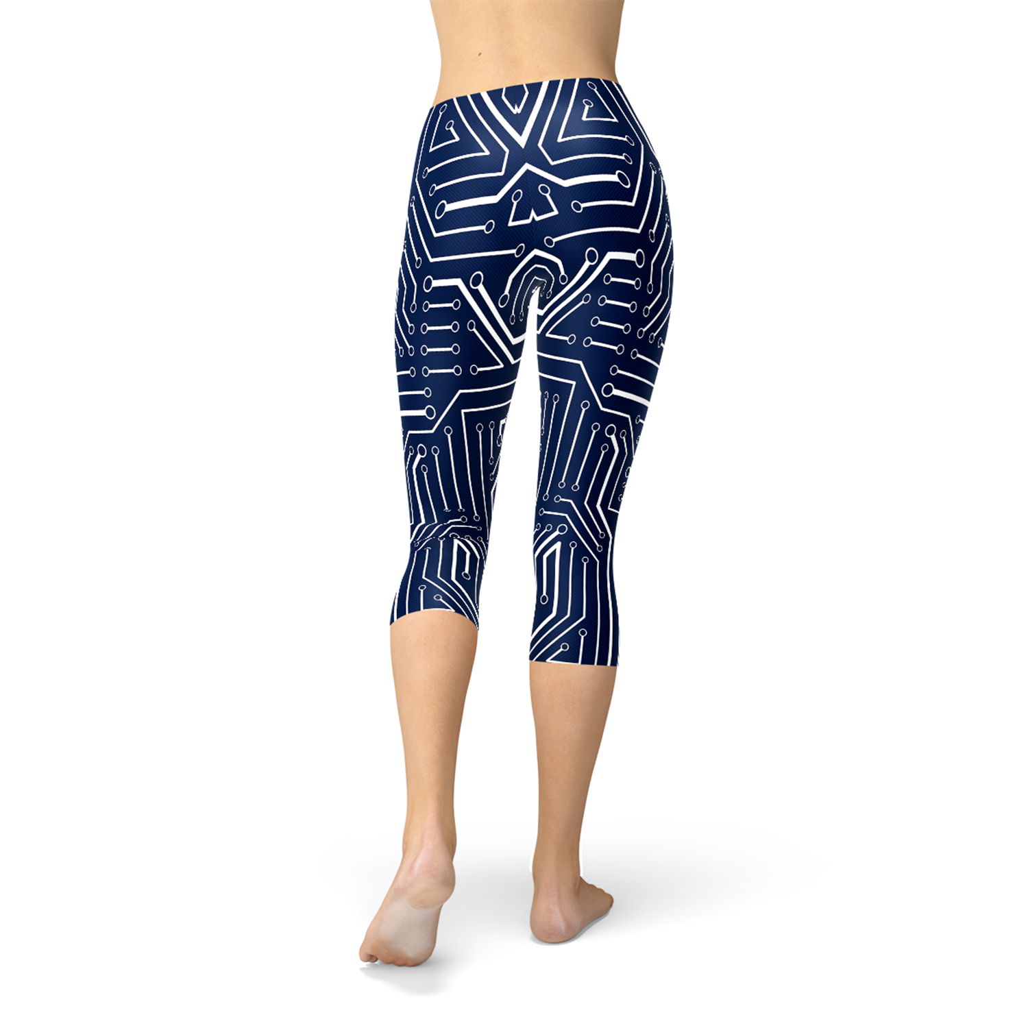 Women's Navy Blue Circuit Capri Leggings featuring unique graphic designs and a comfortable fit, ideal for workouts and casual wear.