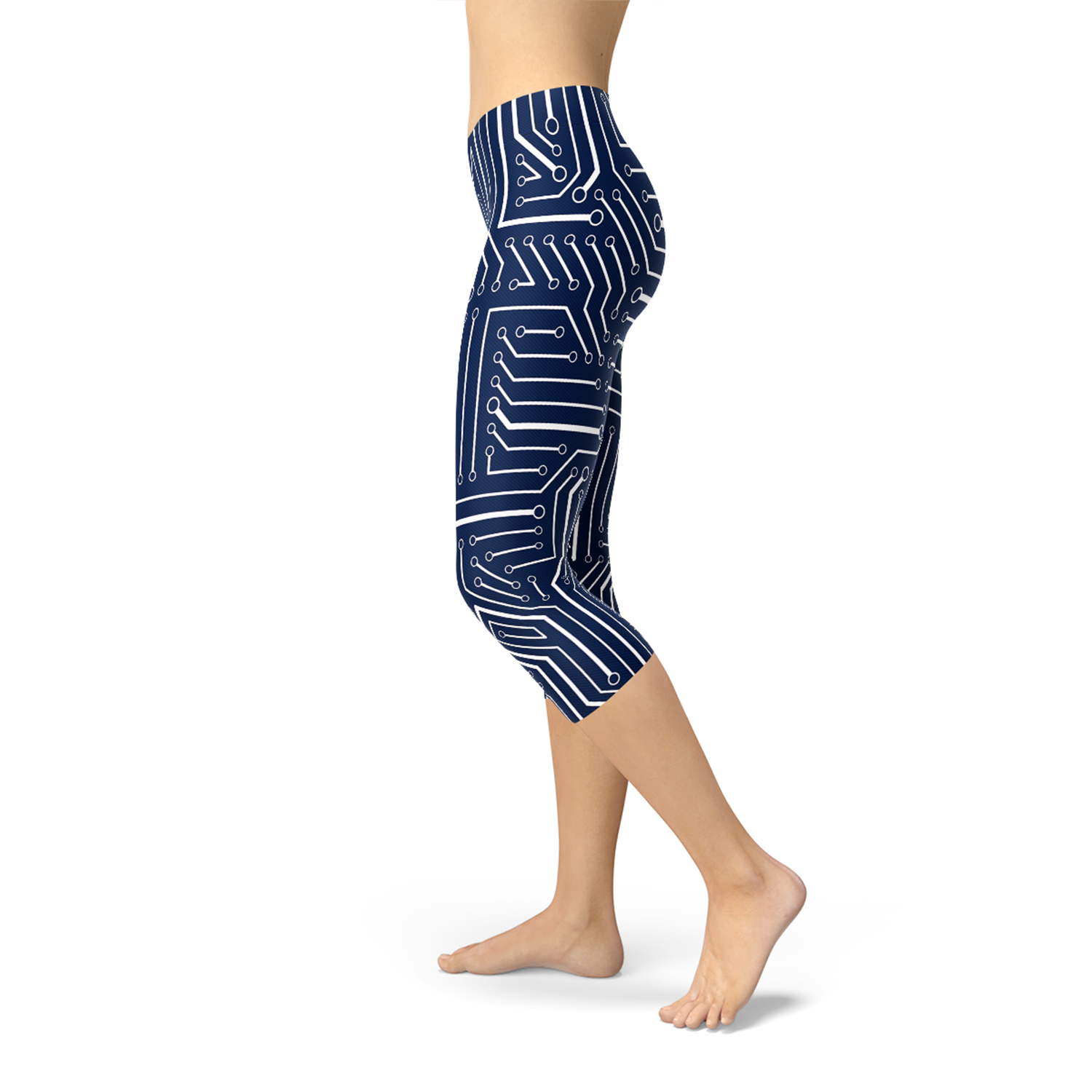 Women's Navy Blue Circuit Capri Leggings featuring unique graphic designs and a comfortable fit, ideal for workouts and casual wear.