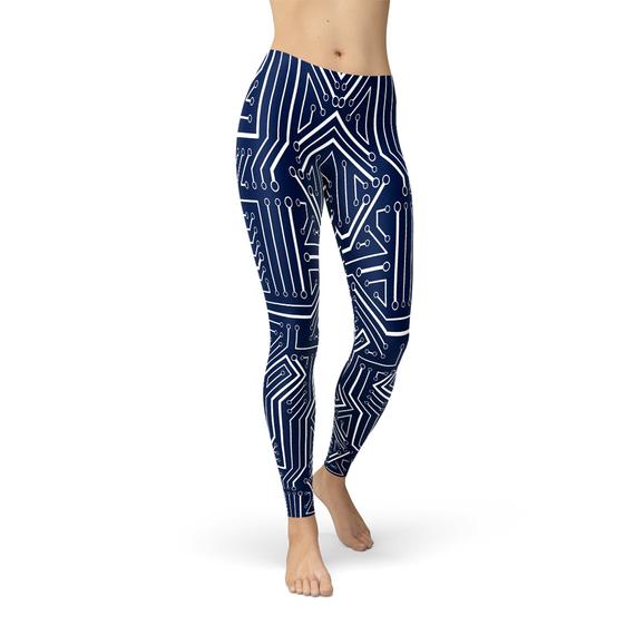 Women's Navy Blue Circuit Leggings showcasing unique graphic design and high-performance fabric, perfect for workouts and casual wear.