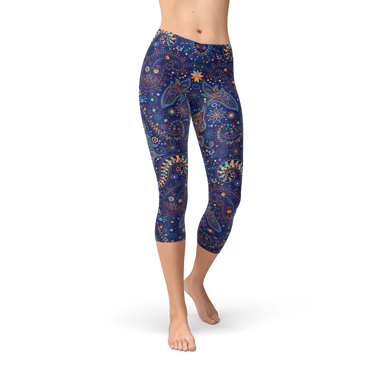 Women's Paisley Butterfly Capri Leggings featuring a vibrant paisley butterfly design, crafted from high-performance fabric blend for comfort and flexibility.