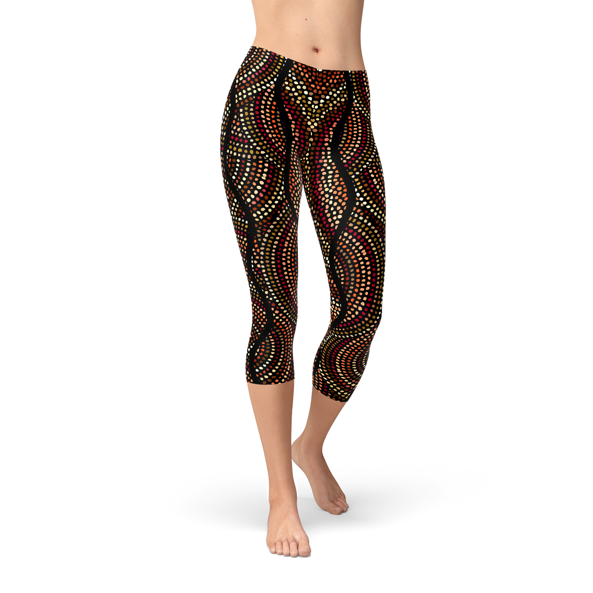 Women's capri leggings featuring Aboriginal artwork with polka dots, showcasing vibrant colors and unique design.