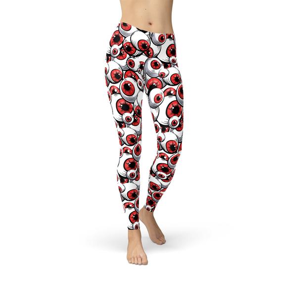 Womens Red Eye Balls Leggings featuring a vibrant graphic design, perfect for workouts and casual wear.